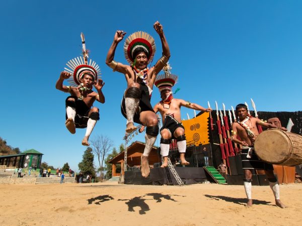 Zeliang Naga Tribesmen of Nagaland, India rehearsing their traditional dance during Hornbill Festival on 10th Dec 2014.
